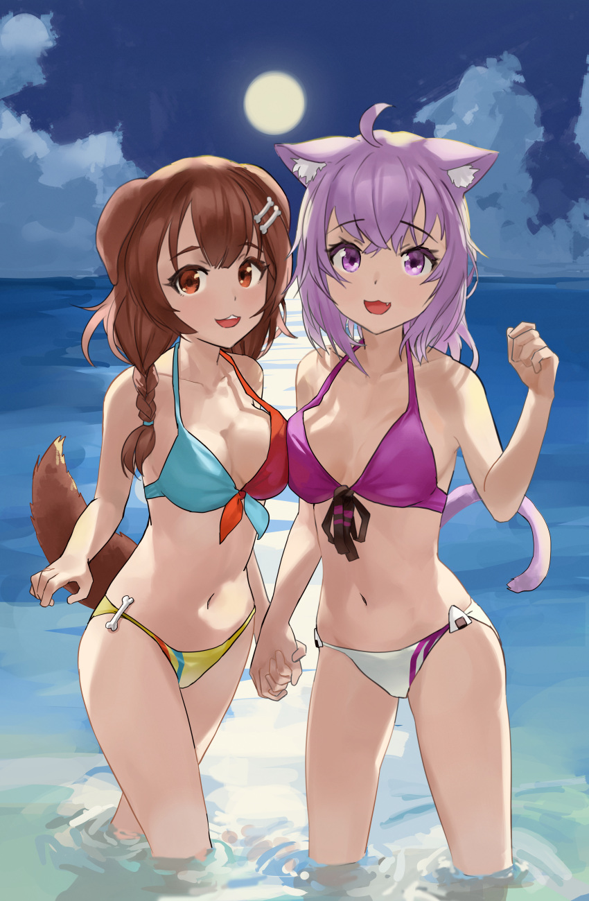 2girls :3 absurdres ahoge animal_ears asymmetrical_docking backlighting bangs bare_shoulders bikini bone_hair_ornament breast_press breasts brown_eyes brown_hair cat_ears cat_girl cat_tail cleavage collarbone crossed_bangs dog_ears dog_girl dog_tail front-tie_bikini front-tie_top hair_ornament highres holding_hands hololive inugami_korone keibi_inu long_hair looking_at_viewer medium_breasts moon multicolored_bikini multicolored_clothes multiple_girls navel nekomata_okayu ocean open_mouth sky smile swimsuit tail wading water