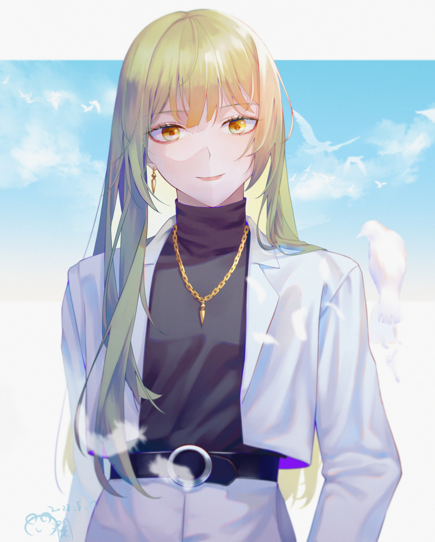 1boy absurdres androgynous belt black_belt black_sweater blonde_hair closed_mouth earrings enkidu_(fate) fate/strange_fake fate_(series) highres jacket jewelry long_hair long_sleeves looking_at_viewer necklace open_clothes open_jacket ria40822013 shiny shiny_hair smile standing straight_hair sweater turtleneck turtleneck_sweater upper_body very_long_hair white_jacket yellow_eyes