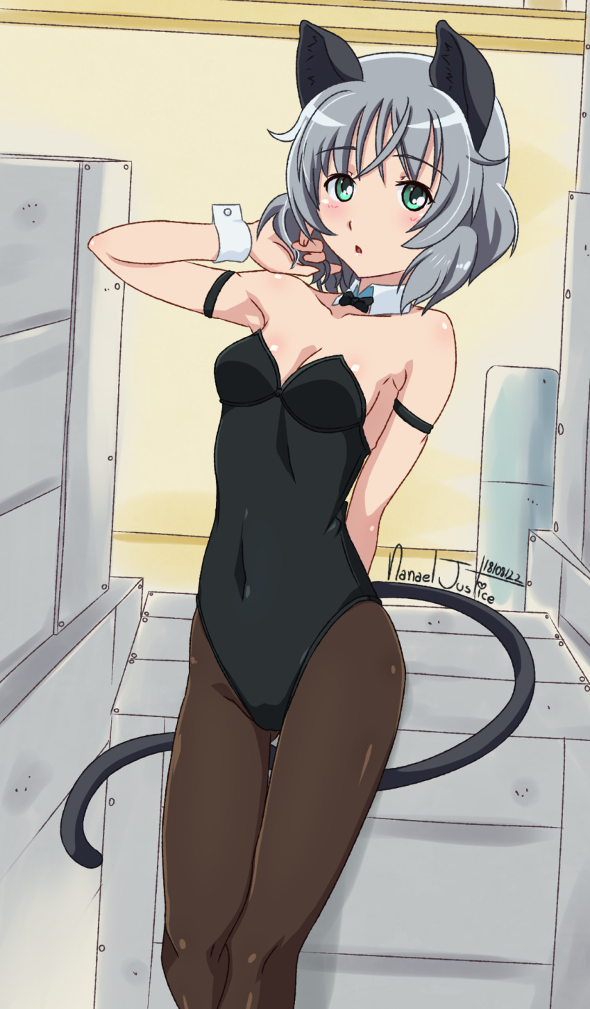 1girl animal_ears black_bow black_bowtie black_leotard bow bowtie box breasts cat_ears cat_tail covered_navel english_commentary feet_out_of_frame green_eyes grey_hair highres kittysuit leotard looking_at_viewer medium_breasts nanaeljustice nontraditional_playboy_bunny sanya_v._litvyak short_hair solo standing strapless strapless_leotard strike_witches:_aurora_no_majo strike_witches:_suomus_misfits_squadron tail