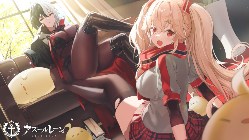 2girls absurdres azur_lane black_footwear black_gloves black_hair black_scarf black_thighhighs blonde_hair bluecher_(azur_lane) blush bodystocking boots breasts bruenhilde_(azur_lane) copyright_name couch crossed_legs dutch_angle gloves gogoco grey_shirt hair_between_eyes heart highres indoors large_breasts loading_screen looking_at_viewer looking_back manjuu_(azur_lane) miniskirt multicolored_clothes multicolored_hair multicolored_scarf multiple_girls official_art on_couch on_floor open_mouth plaid plaid_skirt red_eyes red_scarf red_skirt scarf shirt short_hair short_sleeves sitting skirt smile split-color_hair thigh_boots thighhighs torn_clothes torn_legwear twintails two-tone_hair white_hair