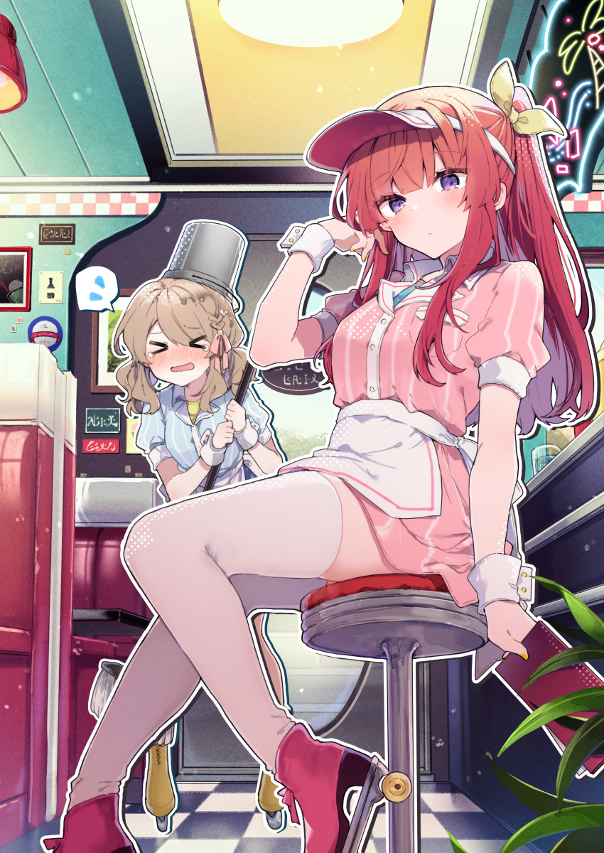 &gt;_&lt; 2girls absurdres anna_(ikeuchi_tanuma) apron bangs bar_stool blush booth_seating breasts bucket bucket_on_head closed_eyes commentary_request diner dress hand_in_own_hair highres holding holding_menu holding_mop ikeuchi_tanuma indoors inline_skates light_brown_hair looking_at_viewer medium_breasts medium_hair menu mop multiple_girls neon_lights object_on_head open_mouth original purple_eyes red_hair roller_skates short_sleeves sitting skates spoken_sweatdrop stool sweatdrop thighhighs tino_(ikeuchi_tanuma) twintails waitress wavy_mouth white_thighhighs wrist_cuffs zettai_ryouiki