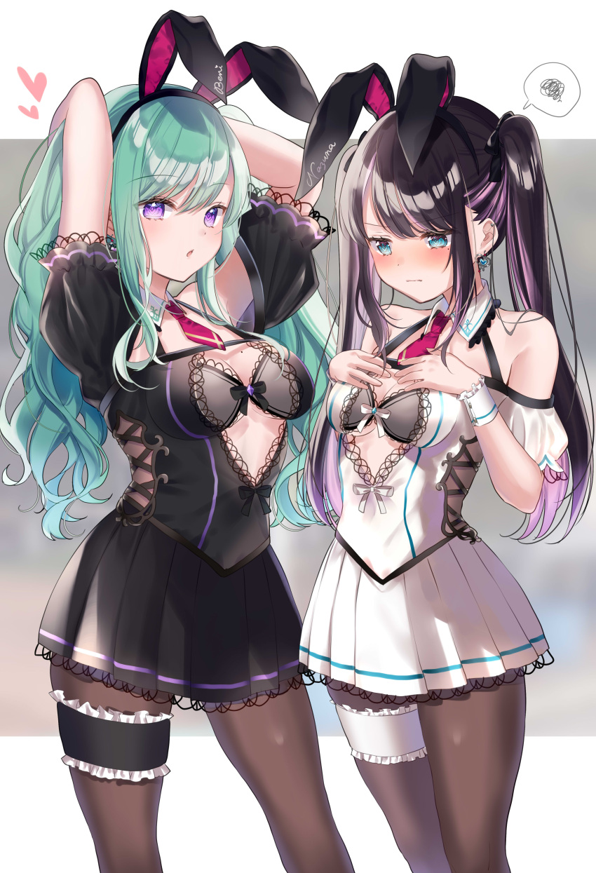 2girls :o absurdres adapted_costume animal_ears arms_behind_head bangs bare_shoulders black_dress black_hair blue_eyes blush breast_envy breasts brown_pantyhose center_opening contrapposto cosplay cowboy_shot cross-laced_slit detached_collar dress fake_animal_ears green_hair hand_on_own_chest heart highres kaga_nazuna long_hair looking_at_viewer lupinus_virtual_games medium_breasts multicolored_hair multiple_girls necktie nose_blush off-shoulder_dress off_shoulder official_alternate_costume open_mouth pantyhose pink_hair pleated_dress pome_charo puffy_short_sleeves puffy_sleeves purple_eyes rabbit_ears red_necktie short_dress short_necktie short_sleeves speech_bubble spoken_squiggle squiggle streaked_hair swept_bangs thigh_strap twintails two-tone_hair virtual_youtuber vspo! white_dress yakumo_beni yakumo_beni_(cosplay)