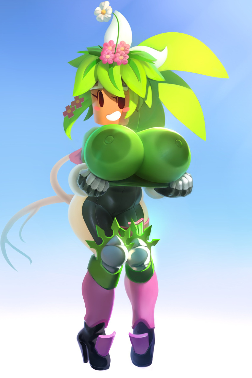 absurd_res areola big_breasts black_eyes blaster_master blush blush_stickers boots breasts clothing elemental_creature elemental_humanoid exposed_breasts female flora_fauna flower footwear gloves green_areola green_body green_nipples handwear hi_res high_heeled_boots high_heels huge_breasts humanoid jumpsuit kanna_(blaster_master) nipples open_mouth plant plant_humanoid plantpenetrator solo video_games