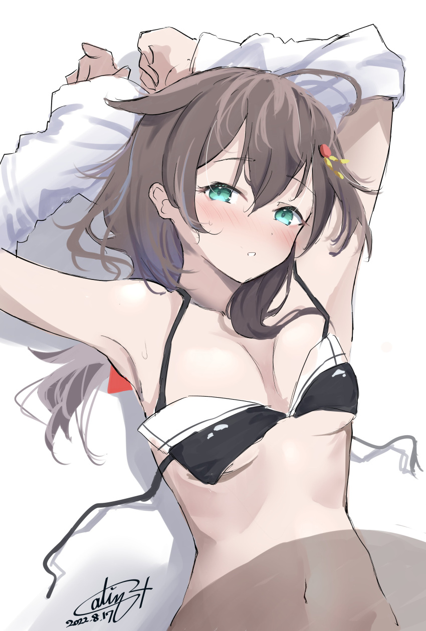 1girl absurdres ahoge alternate_hairstyle aqua_eyes arms_up bangs bikini black_bikini blush breasts brown_hair calin commentary_request dated hair_between_eyes hair_down hair_flaps hair_ornament highres kantai_collection long_hair looking_at_viewer medium_breasts nose_blush one-hour_drawing_challenge parted_lips sailor_bikini sailor_collar shigure_(kancolle) shigure_kai_ni_(kancolle) signature simple_background sketch solo swimsuit untied untied_bikini upper_body white_background