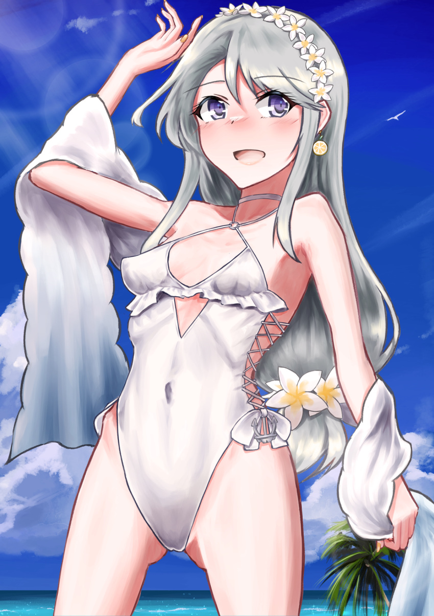 1girl asymmetrical_bangs bangs blue_sky casual_one-piece_swimsuit cloud commentary_request cowboy_shot day flower frilled_swimsuit frills grey_hair hair_flower hair_ornament hairband highleg highleg_swimsuit highres horizon kantai_collection long_hair ocean official_alternate_costume one-piece_swimsuit outdoors owada_(kousonhuchi) palm_tree purple_eyes sagiri_(kancolle) shawl side-tie_swimsuit sky smile solo standing swept_bangs swimsuit tree white_shawl white_swimsuit