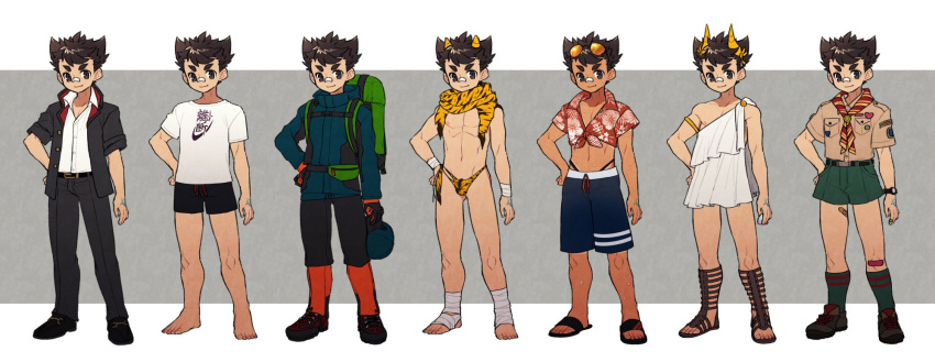 1boy alternate_skin_color animal_print bandaged_arm bandaged_foot bandages bandaid bandaid_on_face bandaid_on_leg bandaid_on_nose black_jacket black_pants blue_male_swimwear brown_eyes brown_hair commentary_request eyewear_on_head fake_horns full_body gakuran gladiator_sandals green_bag green_shorts green_socks grey_background hand_tattoo hat hat_removed headwear_removed highres horns jacket letterboxed loafers loincloth male_focus male_swimwear master_1_(housamo) mid_(mid_skb) neckerchief no_shoes oni_horns outside_border pants pouch red_neckerchief robe sandals school_uniform scout_uniform shirt shoes short_hair shorts sleeves_rolled_up socks star_tattoo sunglasses swim_trunks tan tanlines tattoo tied_shirt tiger_print tokyo_afterschool_summoners variations watch white_shirt yellow_horns