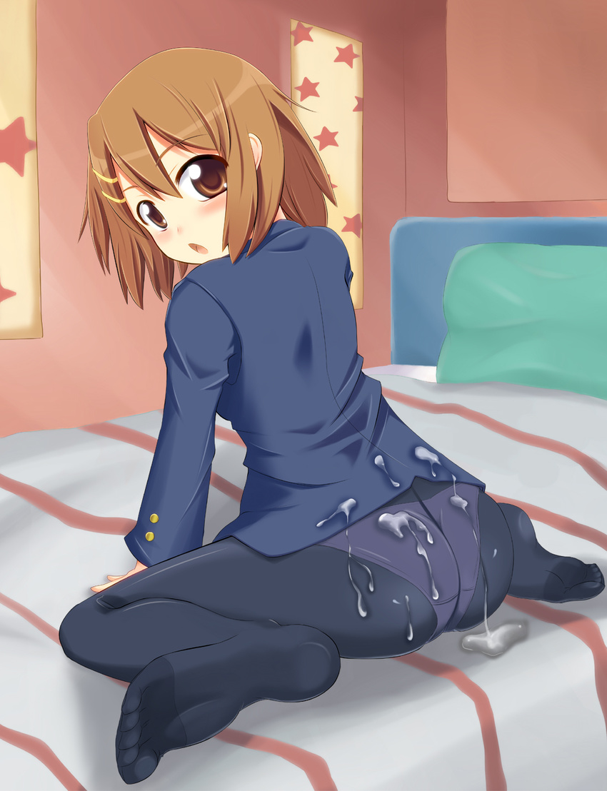 ass bed blazer blush brown_eyes brown_hair crotch_seam cum cum_on_ass cum_on_clothes feet highres hirasawa_yui jacket k-on! looking_back no_pants panties panties_under_pantyhose pantyhose school_uniform short_hair sitting soles solo towamin underwear wariza