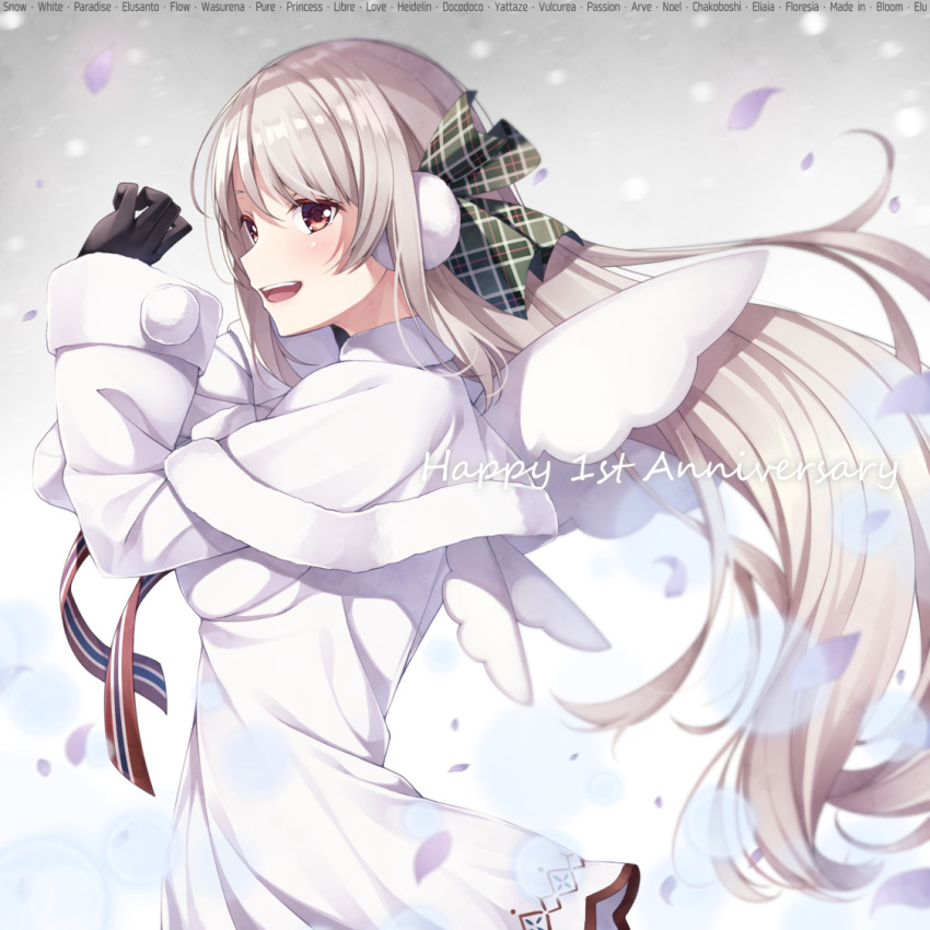 1girl :d black_gloves blurry blush breasts brown_eyes capelet cowboy_shot depth_of_field dress earmuffs elu_(nijisanji) floating_hair from_side fur-trimmed_capelet fur_trim gloves green_ribbon grey_background hair_ribbon hands_up long_hair long_sleeves looking_at_viewer looking_to_the_side medium_breasts nijisanji open_mouth plaid plaid_ribbon red_neckwear ribbon sidelocks silver_hair sleeves_past_wrists smile solo standing very_long_hair virtual_youtuber white_capelet white_dress wings yuuri_nayuta
