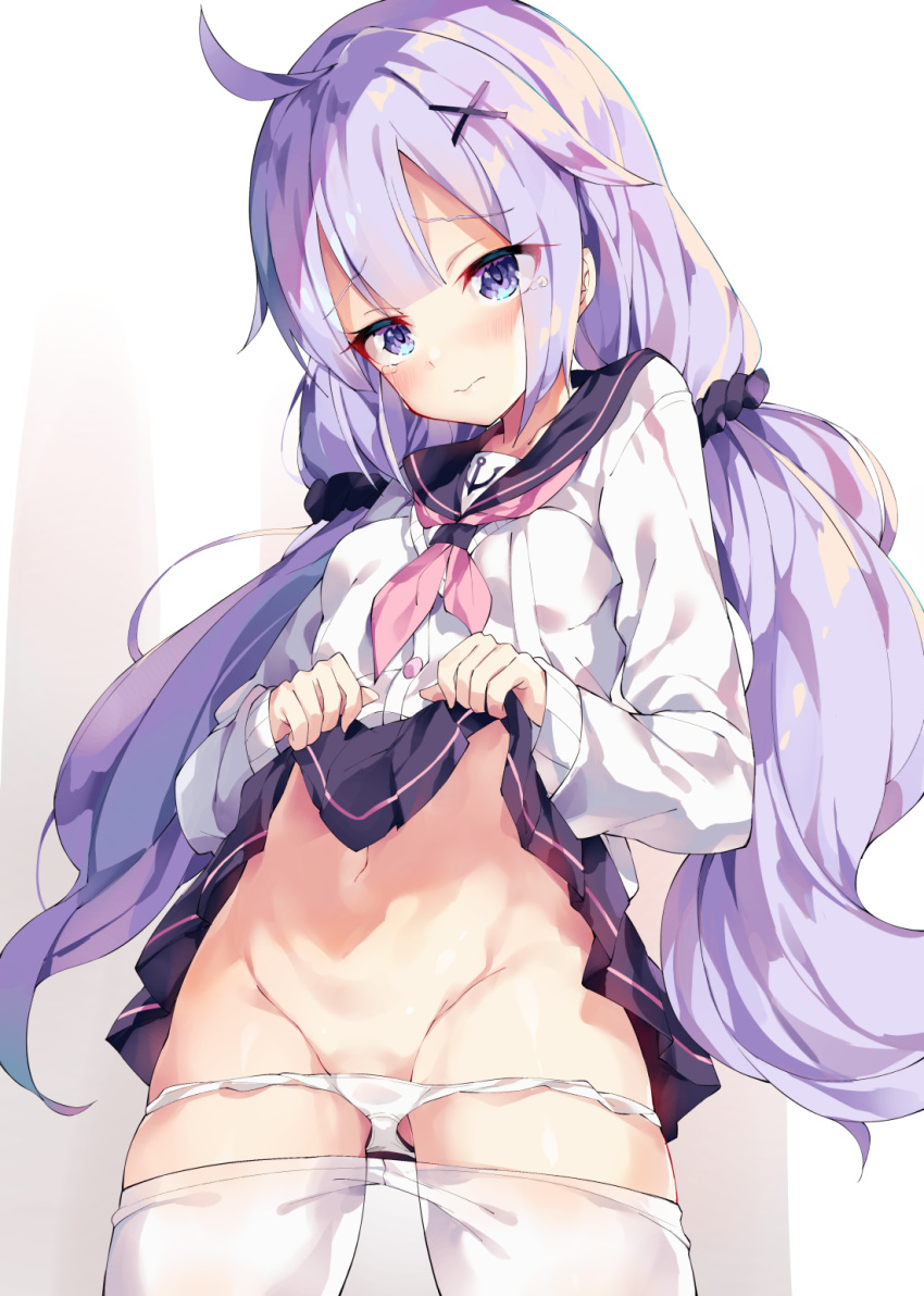 1girl ahoge azur_lane black_sailor_collar black_skirt blush breasts closed_mouth commentary_request cowboy_shot gradient gradient_background groin hair_ornament hair_scrunchie head_tilt highres legs_apart long_hair long_sleeves looking_at_viewer low_twintails miniskirt navel neckerchief panties panty_pull pantyhose pantyhose_pull pink_neckwear purple_eyes purple_hair sailor_collar school_uniform scrunchie shirt sidelocks skirt skirt_lift small_breasts solo standing stomach twintails unacchi_(nyusankin) underwear unicorn_(azur_lane) very_long_hair white_background white_legwear white_panties white_shirt x_hair_ornament