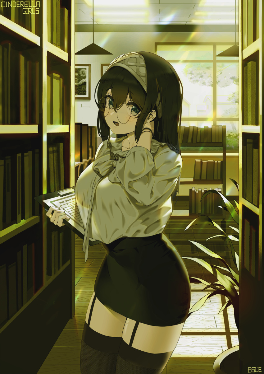 1girl :o absurdres artist_name bespectacled black_hair black_legwear black_skirt blue_eyes blush book bookshelf breasts bsue ceiling_light collarbone commentary_request cowboy_shot day garter_straps glasses grey_shirt hairband hand_in_hair hand_up high-waist_skirt highres holding idolmaster idolmaster_cinderella_girls indoors large_breasts library long_hair long_sleeves looking_at_viewer open_mouth pencil_skirt picture_frame plant round_eyewear sagisawa_fumika shirt shirt_tucked_in sidelocks skirt solo standing sunlight thighhighs window zettai_ryouiki