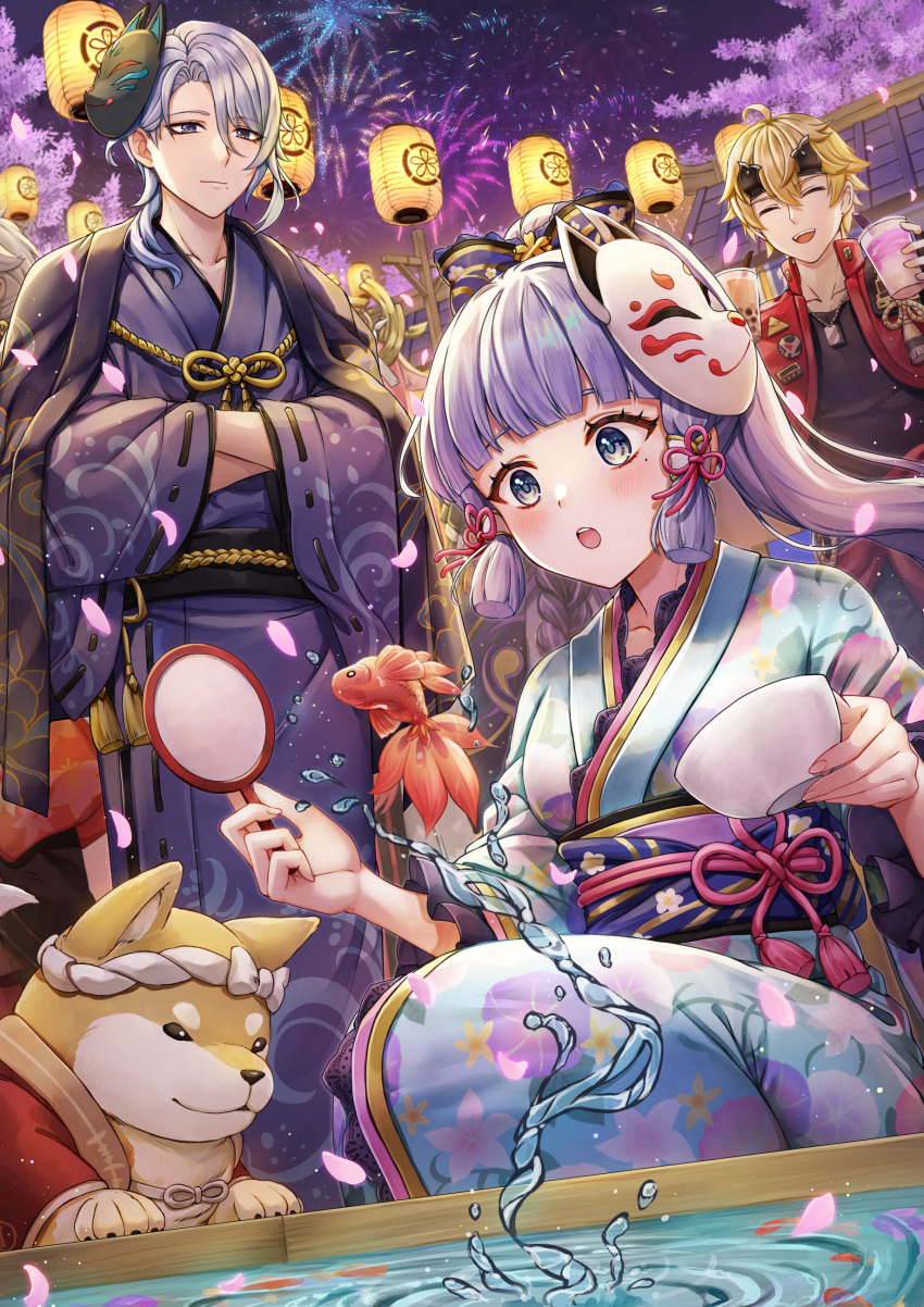 1girl 2boys :d :o absurdres aerial_fireworks ahoge bangs blonde_hair blue_eyes blue_kimono blunt_bangs blush bowl closed_eyes crossed_bangs cup dog fireworks fish floral_print fox_mask genshin_impact goldfish goldfish_scooping grey_hair hair_ribbon highres holding holding_bowl holding_cup jacket japanese_clothes kamisato_ayaka kamisato_ayato kimono lantern long_hair long_sleeves looking_at_animal mask mask_on_head mole mole_under_eye mole_under_mouth multiple_boys obi open_mouth petals pink_ribbon poi_(goldfish_scoop) ponytail print_kimono purple_hair purple_kimono red_jacket ribbon sash short_hair smile squatting tamaso taroumaru_(genshin_impact) thoma_(genshin_impact) water