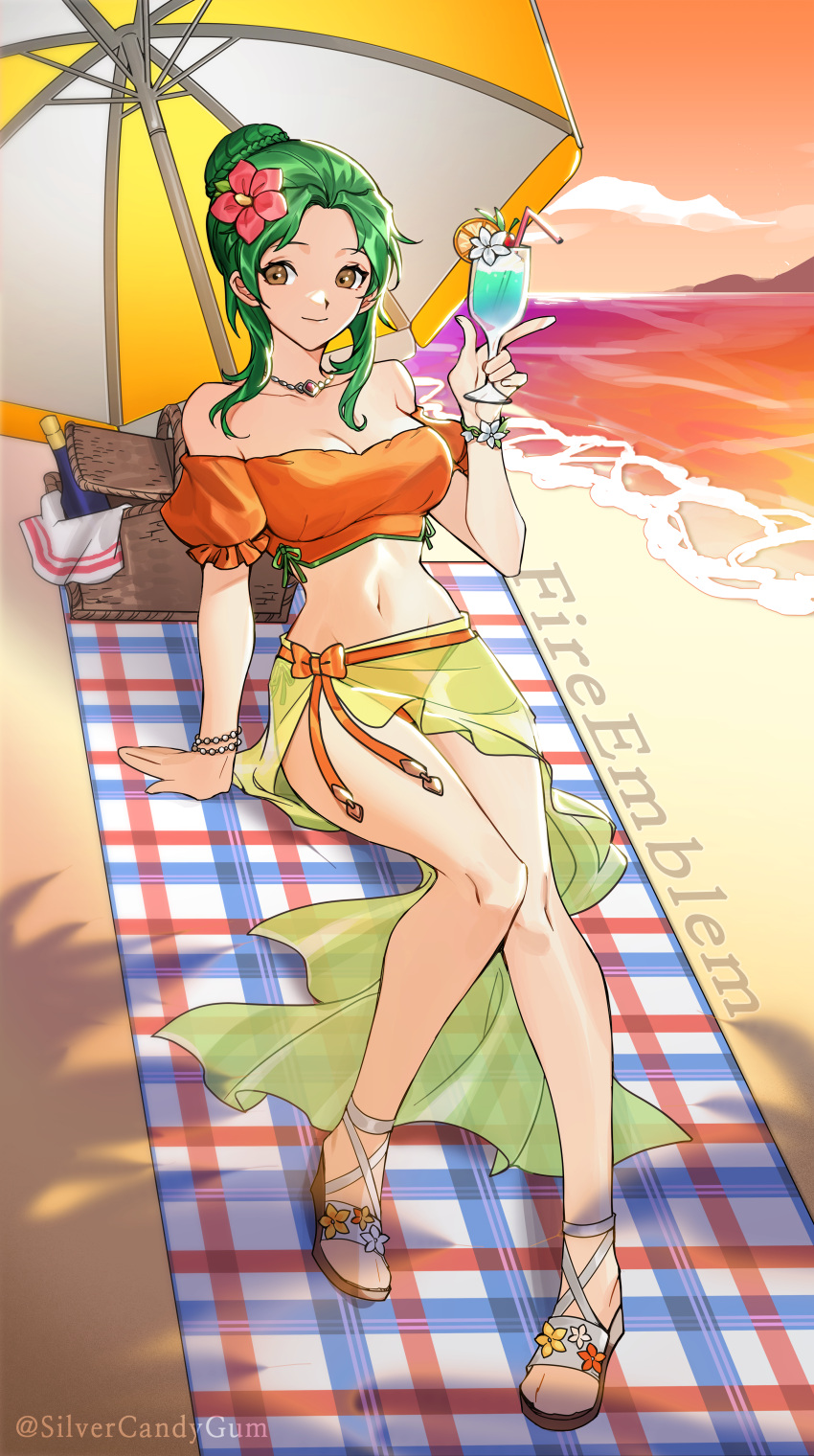 1girl absurdres arm_support artist_name bare_legs bare_shoulders beach beach_towel beach_umbrella bead_bracelet beads bikini bracelet braid braided_bun breasts brown_eyes cleavage collarbone commentary copyright_name cup drinking_glass drinking_straw elincia_ridell_crimea english_commentary fire_emblem fire_emblem:_radiant_dawn fire_emblem_heroes flower forehead green_hair hair_bun hair_flower hair_ornament hand_up highres holding holding_cup jewelry large_breasts long_hair looking_at_viewer navel necklace ocean off-shoulder_bikini off_shoulder official_alternate_costume orange_bikini orange_sky outdoors pink_flower puffy_short_sleeves puffy_sleeves sandals sarong short_sleeves silvercandy_gum sitting sky smile solo stomach swimsuit thighs towel twitter_username umbrella water