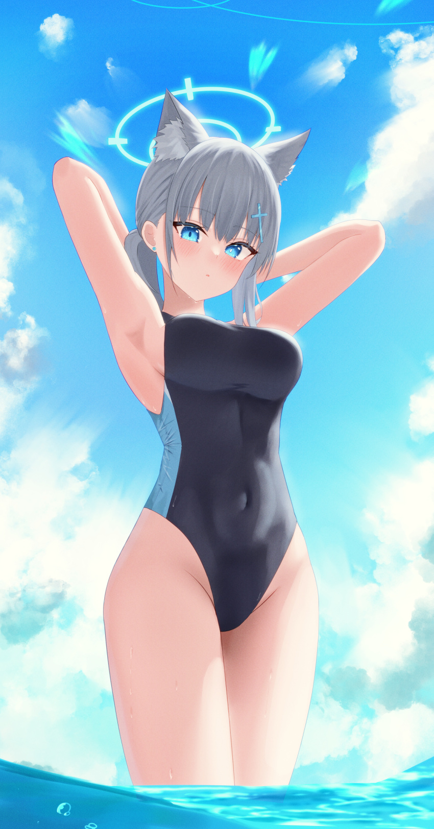 1girl absurdres aki_uzuki3 animal_ear_fluff animal_ears armpits arms_up bangs black_swimsuit blue_archive blue_eyes blue_sky blush breasts bright_pupils closed_mouth competition_swimsuit covered_navel cross_hair_ornament day extra_ears hair_ornament halo highres large_breasts long_hair looking_at_viewer mismatched_pupils official_alternate_costume one-piece_swimsuit outdoors parted_lips ponytail shiroko_(blue_archive) shiroko_(swimsuit)_(blue_archive) sideboob sky solo swimsuit wading water wolf_ears