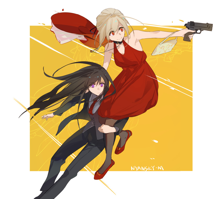 2girls absurdres aiming bag bare_shoulders black_collar black_hair black_jacket black_pants black_pantyhose blonde_hair bow collar commentary dress formal gun handbag handgun hat hat_bow hat_removed headwear_removed highres holding holding_gun holding_weapon inoue_takina jacket jewelry long_hair long_sleeves looking_to_the_side lycoris_recoil multiple_girls necklace necktie nishikigi_chisato nyansky official_alternate_costume pants pantyhose purple_eyes red_dress red_eyes red_footwear red_necktie short_hair sleeveless sleeveless_dress smile suit weapon