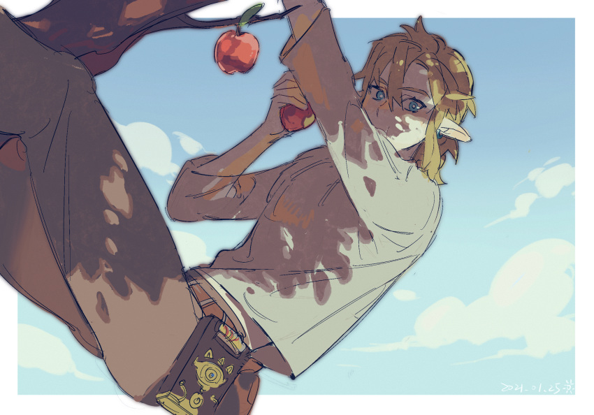 1boy apple apple_tree belt blonde_hair blue_eyes brown_pants climbing climbing_tree cloud dated day duplicate earrings eating food fruit godie0 hair_between_eyes highres holding holding_food jewelry link looking_at_viewer male_focus medium_hair multiple_sources pants pointy_ears shirt sky solo the_legend_of_zelda the_legend_of_zelda:_breath_of_the_wild tree