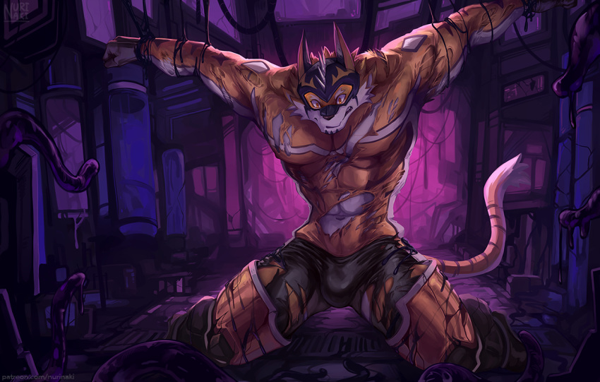 anthro bdsm clothing felid fur lifewonders live-a-hero male mammal mask muscular muscular_anthro muscular_male nurinaki pantherine pecs ryekie_(live-a-hero) solo spandex striped_body striped_fur stripes superhero tiger tight_clothing torn_clothing video_games