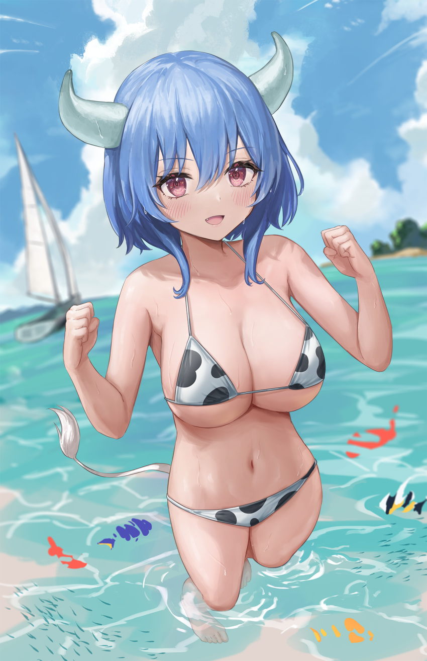 1girl animal_print bangs bikini blue_hair blush breasts cleavage clenched_hands cow_print cow_tail hands_up highres horns jashin-chan_dropkick large_breasts looking_at_viewer medium_hair minos_(jashin-chan_dropkick) navel parted_lips partially_submerged pink_eyes red_eyes sauvignon sideboob smile swimsuit tail thighs underboob water