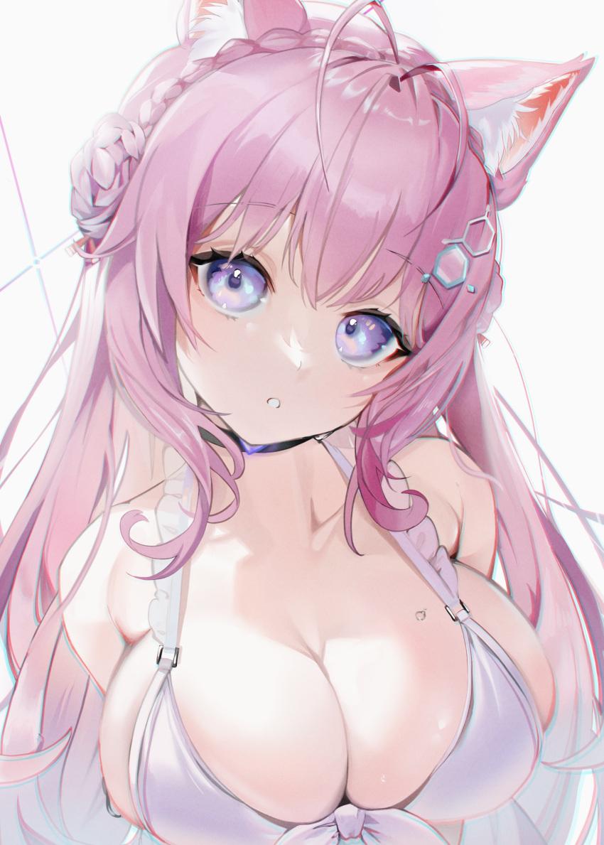 1girl absurdres ahoge animal_ear_fluff animal_ears bare_shoulders bikini black_choker braid breasts choker cleavage collarbone commentary_request crown_braid daiiichukiii front-tie_bikini front-tie_top hakui_koyori head_tilt hexagon_hair_ornament highres hololive large_breasts long_hair looking_at_viewer parted_lips pink_hair purple_eyes simple_background solo swimsuit upper_body white_background white_bikini