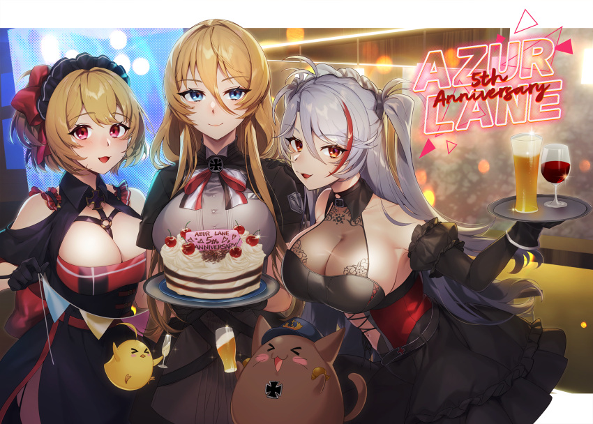 &gt;_&lt; 3girls :d alcohol anniversary antenna_hair azur_lane bangs bare_shoulders beer beer_mug belt_collar between_breasts bird bismarck_(azur_lane) bismarck_(iron_black_elysium)_(azur_lane) black_dress black_gloves blonde_hair blue_eyes blush blush_stickers breasts cake cat chest_harness chick cleavage closed_mouth clothing_cutout collar collarbone collared_dress commentary_request copyright_name cowboy_shot cross cup dress drinking_glass elbow_gloves food framed_breasts gloves grey_hair grey_shirt hair_between_eyes hair_ribbon half_gloves harness highres holding holding_plate holding_string holding_tray indoors iron_cross large_breasts leipzig_(azur_lane) leipzig_(storefront_training)_(azur_lane) long_hair looking_at_viewer maid maid_headdress manjuu_(azur_lane) meowfficer_(azur_lane) mimiko_(fuji_310) mug multicolored_hair multiple_girls navel navel_cutout official_alternate_costume open_mouth orange_eyes plate prinz_eugen_(azur_lane) prinz_eugen_(kindred_evening_spirits)_(azur_lane) puffy_short_sleeves puffy_sleeves purple_eyes red_hair red_ribbon ribbon see-through see-through_dress shirt short_hair short_sleeves shoulder_cutout sidelocks sleeveless sleeveless_dress smile streaked_hair string string_of_flags tray two_side_up very_long_hair wine wine_glass