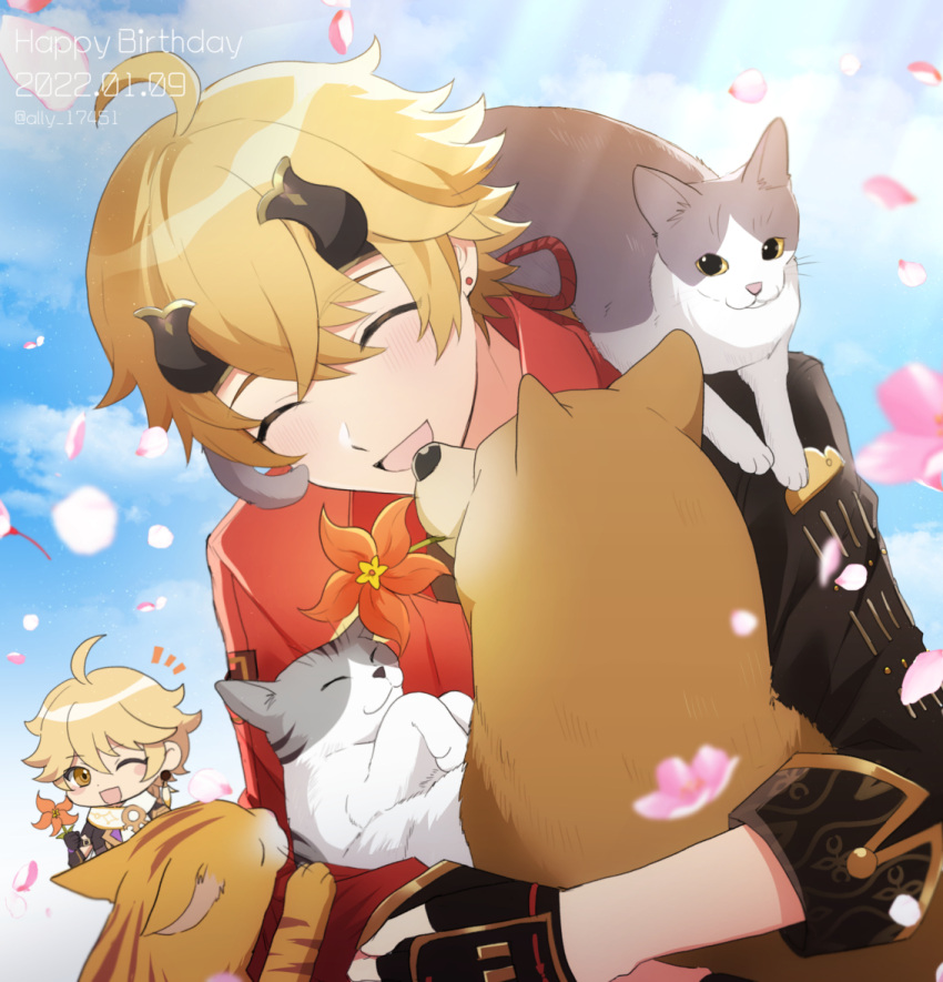2boys :d ^_^ aether_(genshin_impact) ahoge animal ari_(bleum) artist_name black_gloves blonde_hair blue_sky blush blush_stickers cat cherry_blossoms chibi closed_eyes cloud commentary_request dated day dog earrings fake_horns falling_petals fingerless_gloves flower genshin_impact gloves hair_between_eyes hair_ornament happy_birthday headband horned_headwear horns jacket jewelry long_hair male_focus multiple_boys notice_lines one_eye_closed open_mouth orange_flower outdoors petals red_jacket rope scarf shiba_inu sidelocks sky sleeves_rolled_up smile solo_focus stud_earrings thoma_(genshin_impact) twitter_username upper_body white_scarf windwheel_aster_(genshin_impact) yellow_eyes