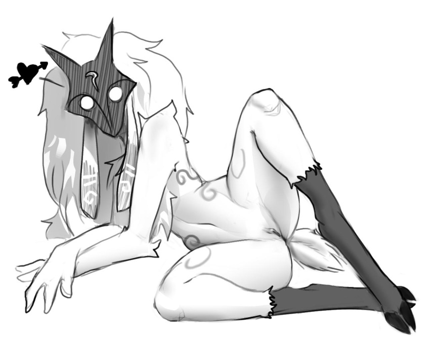 2019 anthro bovid caprine cloven_hooves fecharis female front_view full-length_portrait fur genitals greyscale hooves kindred_(lol) lamb_(lol) league_of_legends lying mammal mask mask_only monochrome nude on_side portrait pussy riot_games sheep simple_background sketch solo video_games w4g4 white_background