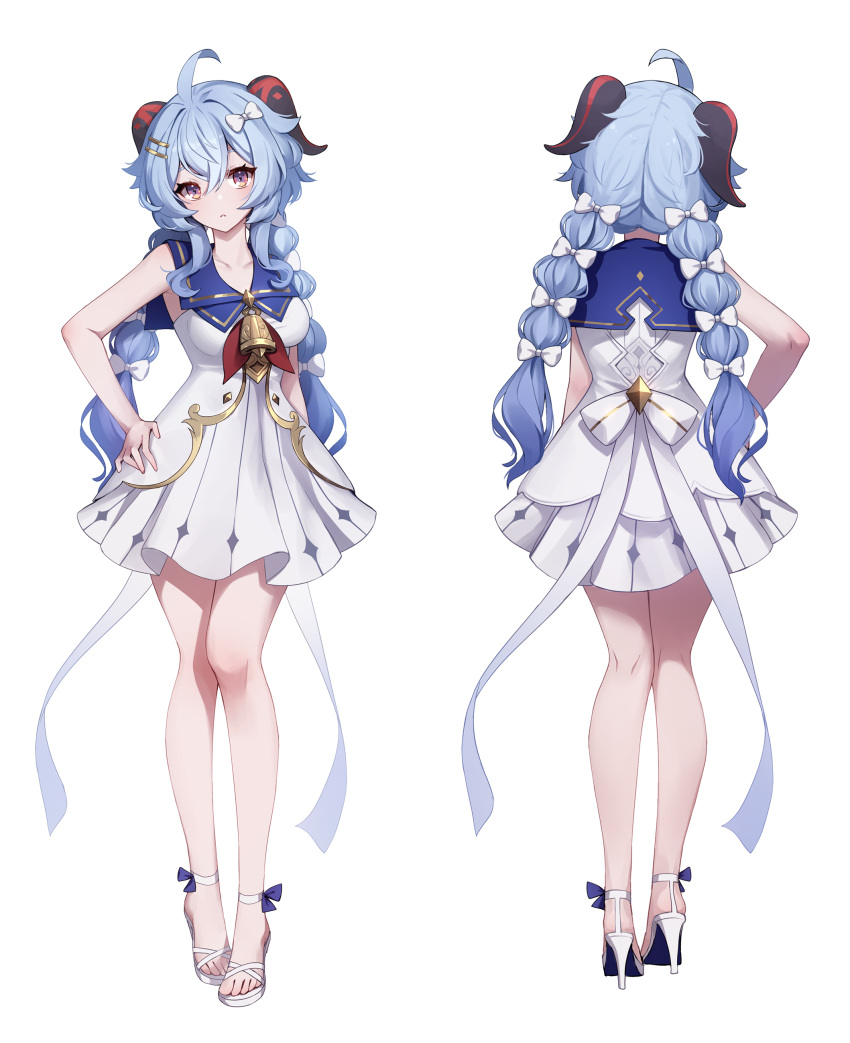 1girl absurdres ahoge ankkoyom bangs bare_legs bell blue_hair bow breasts dress from_behind full_body ganyu_(genshin_impact) genshin_impact hair_between_eyes hair_bow hair_ornament hairclip hand_on_hip high_heels highres horns long_hair looking_at_viewer medium_breasts multiple_views parted_lips purple_eyes sandals simple_background sleeveless sleeveless_dress standing twintails white_background white_bow white_dress white_footwear