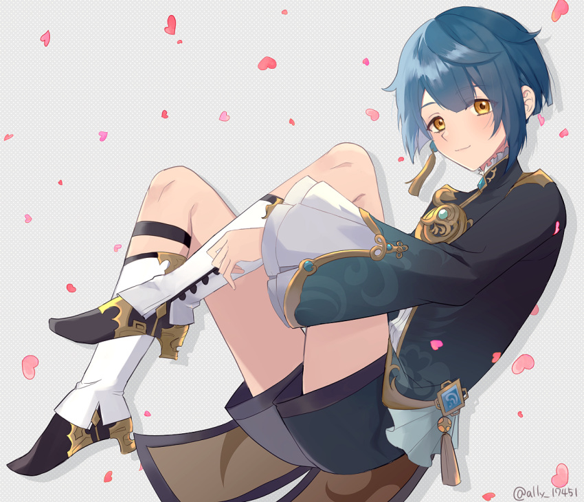 1boy ari_(bleum) artist_name asymmetrical_hair bangs blue_coat blue_hair blue_shorts blush boots chinese_commentary closed_mouth coat commentary_request earrings falling_petals frilled_shirt frilled_sleeves frills genshin_impact gold_trim grey_background high_heel_boots high_heels jewelry knees_up long_sleeves looking_at_viewer male_focus petals shirt short_hair short_shorts shorts sidelocks single_earring smile solo tassel tassel_earrings twitter_username vision_(genshin_impact) white_footwear white_shirt wide_sleeves xingqiu_(genshin_impact) yellow_eyes