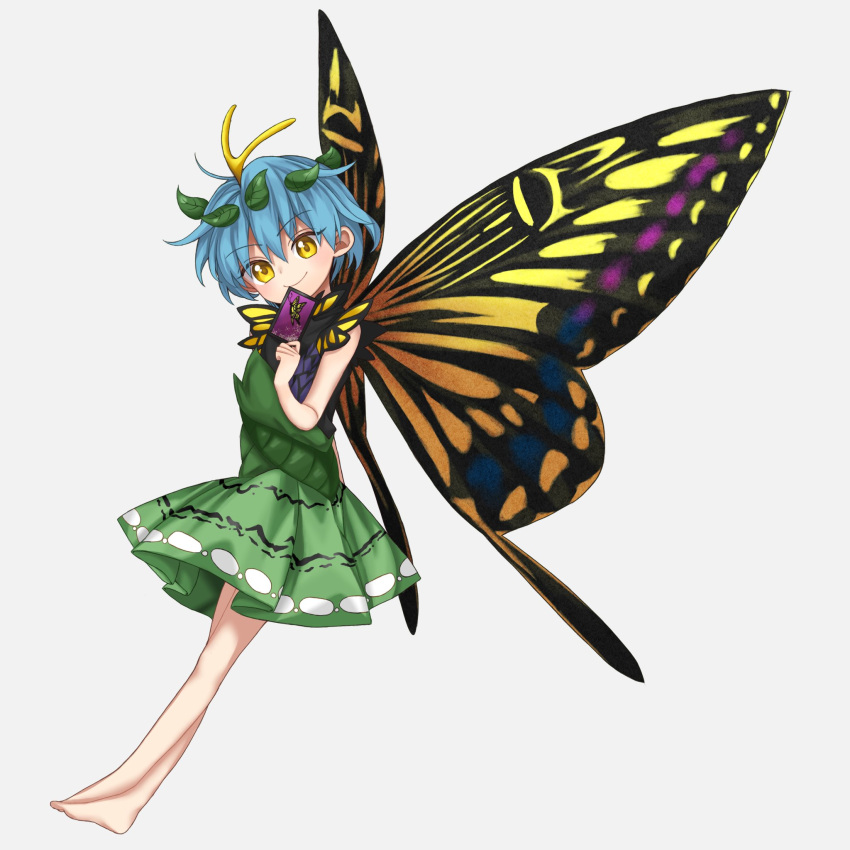 100th_black_market 1girl antennae aqua_hair barefoot butterfly_wings card closed_mouth dress eternity_larva fairy full_body green_dress grey_background hair_between_eyes highres holding holding_card keiki8296 leaf leaf_on_head multicolored_clothes multicolored_dress short_hair short_sleeves simple_background smile solo touhou wings yellow_eyes