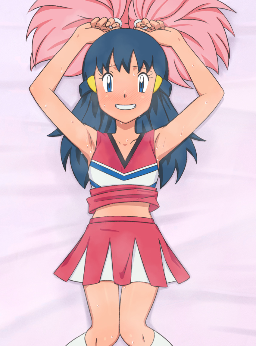 1girl absurdres armpits arms_up bangs bed_sheet black_hair blue_eyes blush cheerleader commentary_request dawn_(pokemon) eyelashes from_above grin hair_ornament hairclip highres holding holding_pom_poms kneehighs knees knees_together_feet_apart long_hair looking_at_viewer lying miraa_(chikurin) on_back pink_shirt pink_skirt pokemon pokemon_(anime) pokemon_dppt_(anime) pom_pom_(cheerleading) shirt skirt sleeveless sleeveless_shirt smile socks solo sweat teeth v-neck white_socks