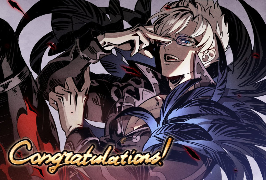 1boy adjusting_eyewear alternate_eye_color alternate_hair_color bad_link belial_(granblue_fantasy) black_jacket black_pants blue_eyes congratulations english_text evil_smile feather_boa glasses granblue_fantasy granblue_fantasy_versus jacket large_pectorals looking_at_viewer male_focus minaba_hideo muscular muscular_male official_art open_mouth pants pectorals revealing_clothes short_hair smile solo white_hair