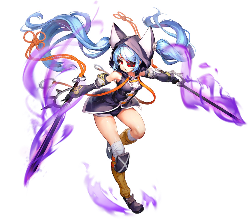 1girl animal_hood artificial_hero cat_hood detached_sleeves dual_wielding eyepatch full_body game_cg glowing glowing_weapon hair_through_headwear highres holding holding_sword holding_weapon hood kakiman last_origin light_blue_hair long_hair looking_at_viewer magic official_art red_eyes revision smoke solo sword tachi-e tachi_(artificial_hero) transparent_background twintails very_long_hair weapon