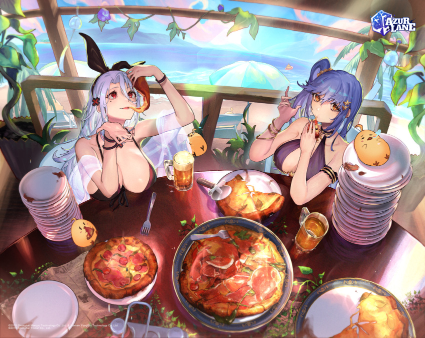 2girls :d azur_lane bangs bare_arms bare_shoulders beach_umbrella black_ribbon blue_hair blue_sky bracelet breasts brown_eyes cloud commentary_request copyright_name day essex_(azur_lane) food fork hair_between_eyes hair_ribbon holding holding_food jewelry large_breasts long_hair looking_at_viewer manjuu_(azur_lane) mole mole_under_eye multiple_girls nijimaarc ocean one_side_up parted_lips pizza pizza_slice plate prinz_heinrich_(azur_lane) red_eyes ribbon sky smile umbrella upper_body very_long_hair water white_hair