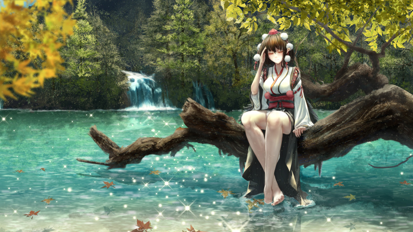 1girl absurdres breasts closed_eyes closed_mouth commentary_request fasnakegod forest hat highres japanese_clothes kourindou_tengu_costume leaf long_sleeves maple_leaf nature obi pointy_ears sash scenery shameimaru_aya short_hair sitting smile soaking_feet solo thighhighs tokin_hat touhou tree water waterfall white_thighhighs wide_sleeves