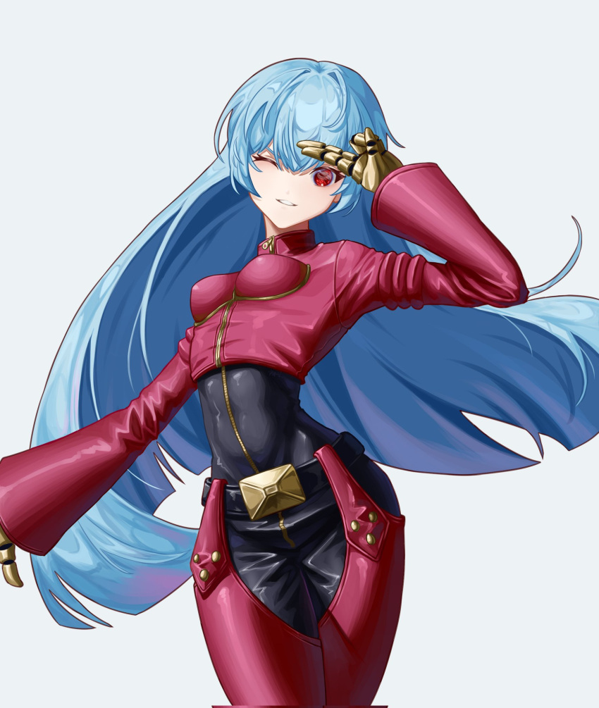 1girl bangs belt blue_hair bodysuit breasts cowboy_shot fenglansishui gloves highres kula_diamond long_hair looking_at_viewer one_eye_closed purple_eyes salute simple_background small_breasts smile the_king_of_fighters two-finger_salute white_background zipper