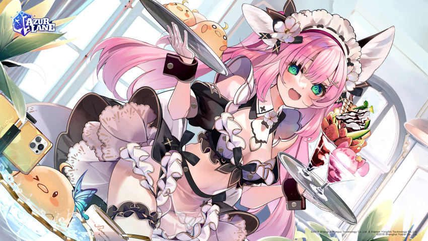 1girl @_@ alternate_costume animal_ears apron azur_lane breasts cellphone cleavage crop_top dutch_angle enmaided flower food fox_ears fox_girl frilled_panties frilled_skirt frills gloves hair_flower hair_ornament half_gloves hanazuki_(azur_lane) highres holding holding_tray ice_cream layered_skirt long_hair maid maid_headdress manjuu_(azur_lane) midriff miniskirt panties parfait phone pink_hair pink_tail see-through selfie shirokitsune skirt smartphone sundae thigh_strap tray underwear wrist_cuffs