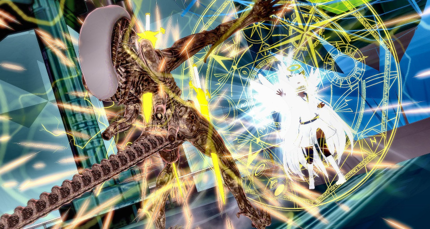 angel celestial dark_skin fighting highres lunabrie_shadowlight lunabrie_yahweh non-web_source skirt supergoddess sword weapon white_hair xenomorph