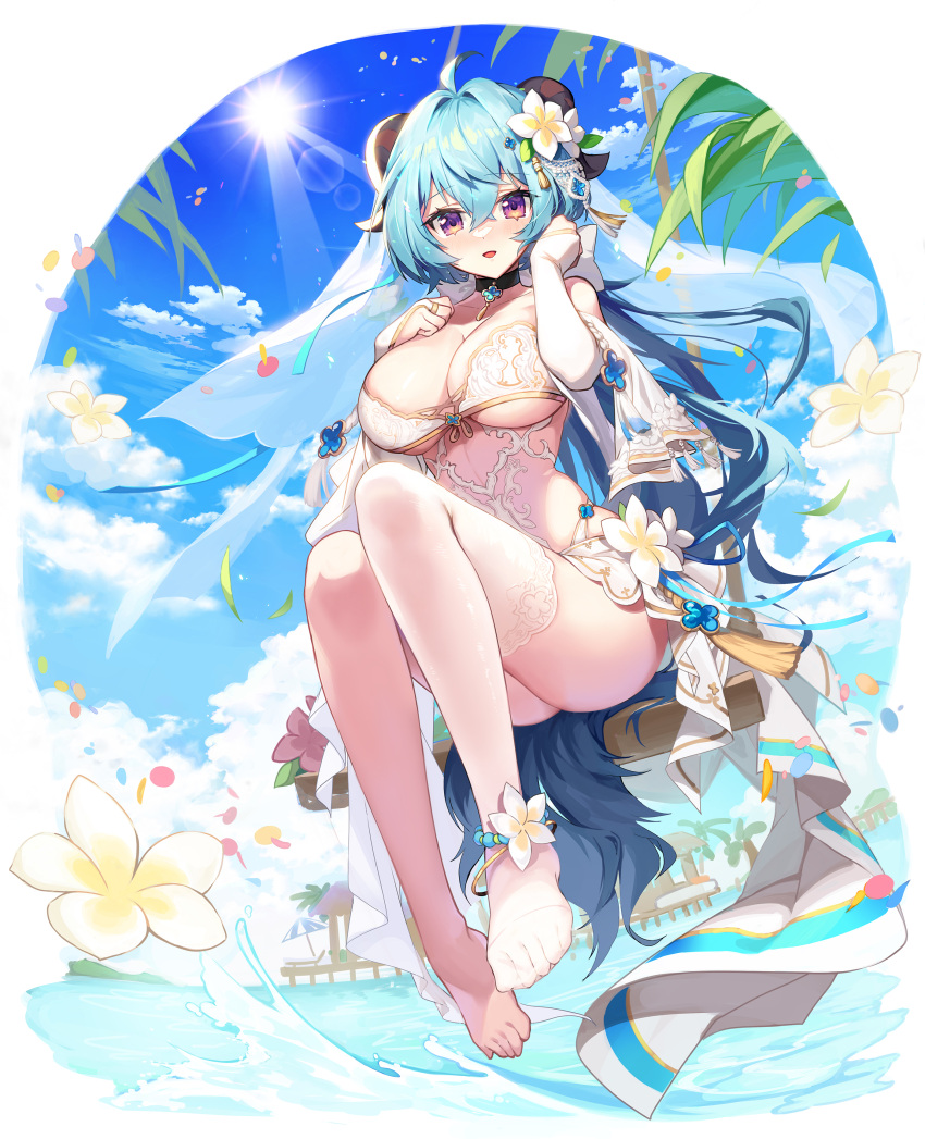1girl :d absurdres ahoge alternate_costume apple_caramel bare_legs bikini blue_hair blue_sky blush breasts bridal_gauntlets cleavage cloud dress elbow_gloves feet flower front-tie_top full_body ganyu_(genshin_impact) genshin_impact gloves goat_horns hair_between_eyes hair_flower hair_ornament highres horns large_breasts lens_flare long_hair looking_at_viewer no_shoes open_mouth purple_eyes see-through see-through_legwear single_thighhigh sky smile solo sun sunlight swimsuit thighhighs toes veil water wedding_dress white_bikini white_dress white_flower white_gloves white_headdress white_thighhighs