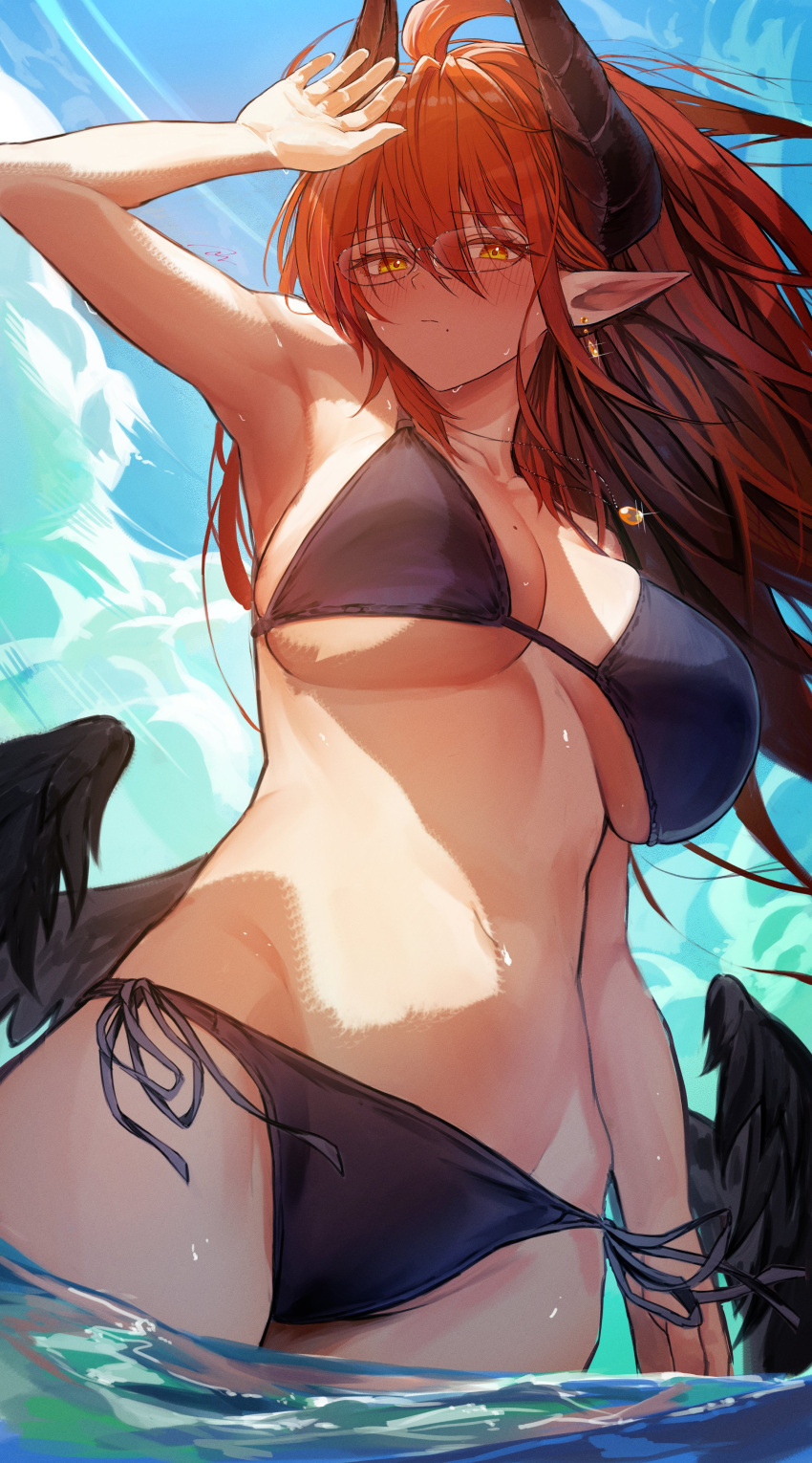 1girl absurdres ahoge armpits bangs bare_arms bikini black_bikini blush breasts closed_mouth cloud cowboy_shot day demon_horns earrings hair_between_eyes highres horns isabella_(marse) jewelry large_breasts long_hair low_wings marse_(rokudaime) mole mole_on_breast mole_under_mouth navel necklace original outdoors pointy_ears red_hair shadow side-tie_bikini solo stomach string_bikini swimsuit wading water wings yellow_eyes