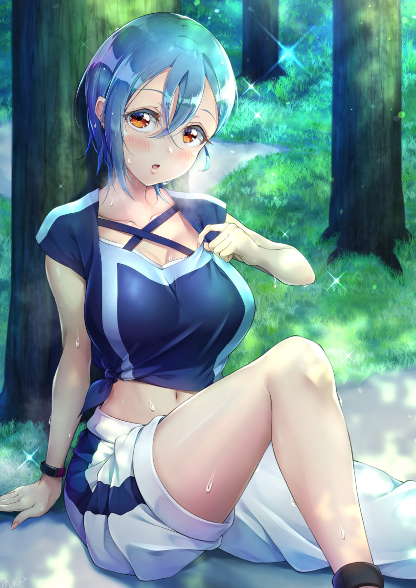 1girl blue_hair blue_shirt blush breasts brown_eyes collarbone hair_between_eyes highres large_breasts looking_at_viewer love_live! love_live!_superstar!! navel novady on_ground open_mouth outdoors pants pants_rolled_up shirt short_hair sitting solo sweat tied_shirt wakana_shiki watch white_pants wristwatch