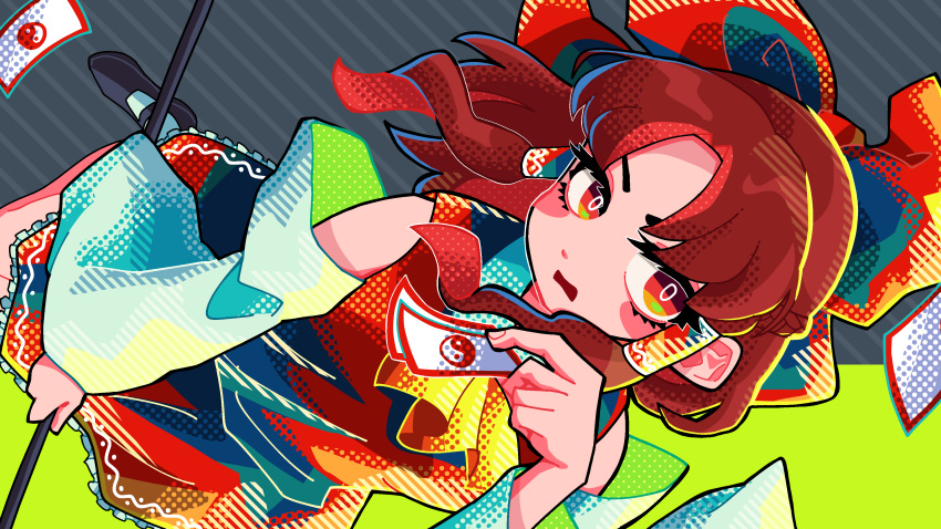 1girl absurdres ascot bangs black_footwear blush blush_stickers bow brown_hair commentary detached_sleeves full_body gohei hair_tubes hakurei_reimu halftone hand_up highres holding holding_gohei leaf_st long_hair looking_at_viewer mary_janes ofuda open_mouth parted_bangs red_bow red_eyes red_skirt red_vest shoes skirt socks solo touhou vest white_sleeves white_socks yellow_ascot