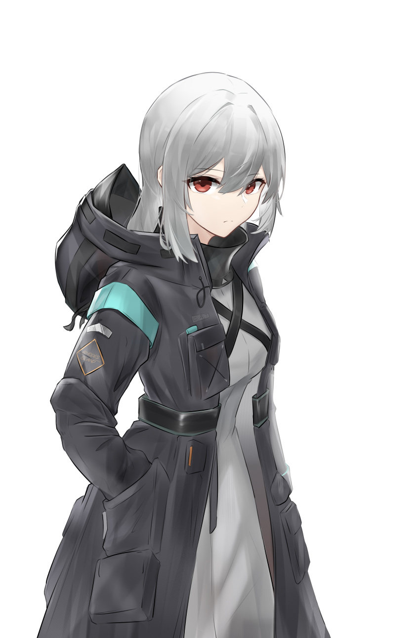 1girl absurdres arknights black_coat closed_mouth coat cowboy_shot doctor_(arknights) dress female_doctor_(arknights) grey_dress grey_hair hands_in_pockets highres hood hood_down hooded_coat long_hair looking_at_viewer medium_hair open_clothes open_coat red_eyes sarea_(sarea2020) simple_background solo white_background