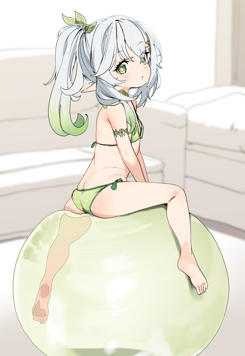 1girl absurdres ass ball bangs bare_shoulders barefoot bikini blurry blurry_background bow cross-shaped_pupils dorontabi elf exercise_ball female_child flat_chest genshin_impact gradient_hair green_bikini green_bow green_eyes green_ribbon grey_hair hair_between_eyes hair_ornament hairband highres leaf_hair_ornament long_hair micro_bikini multicolored_hair nahida_(genshin_impact) pointy_ears ponytail ribbon sitting sitting_on_ball solo swimsuit twintails