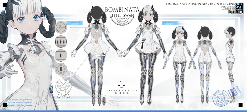 1girl android arms_at_sides ballerina barcode black_hair blue_eyes breasts dress english_commentary english_text from_behind from_side full_body highres joints keyhole lanyaojun looking_at_viewer mechanical_parts multicolored_hair multiple_views original reference_sheet robot_joints see-through small_breasts two-tone_hair white_dress white_hair