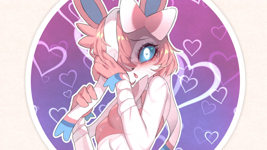 &lt;3 &lt;3_eyes 2022 anthro blue_inner_ear blue_sclera breasts clothed clothing drunk_oak eeveelution female hair hair_over_eye hi_res nintendo one_eye_obstructed pink_body pink_ears pink_hair pok&eacute;mon pok&eacute;mon_(species) solo sylveon topwear video_games white_body