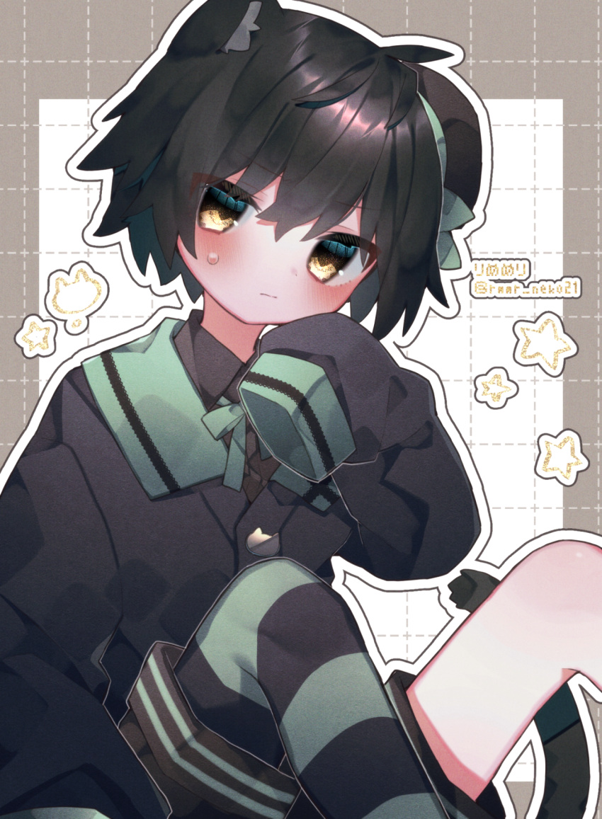 1boy animal_ears asymmetrical_legwear bangs black_hair blush cat_boy cat_button cat_ears cat_tail collared_shirt eringikinono frown hat highres jacket knees_up long_sleeves male_focus necktie original pantyhose shirt short_hair shorts sleeves_past_fingers sleeves_past_wrists solo striped striped_pantyhose sweat tail tilted_headwear yellow_eyes