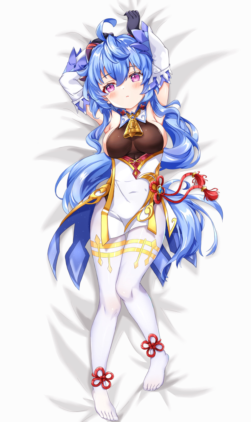 1girl absurdres ahoge arms_up bangs bed bell black_gloves blue_hair blush breasts chinese_knot detached_sleeves feet flower_knot full_body ganyu_(genshin_impact) genshin_impact gloves gold_trim highres horns long_hair looking_away low_ponytail lying medium_breasts neck_bell no_shoes on_back pantyhose purple_eyes sideboob sidelocks soles solo tassel thighlet vision_(genshin_impact) white_pantyhose white_sleeves yuki_kokoro