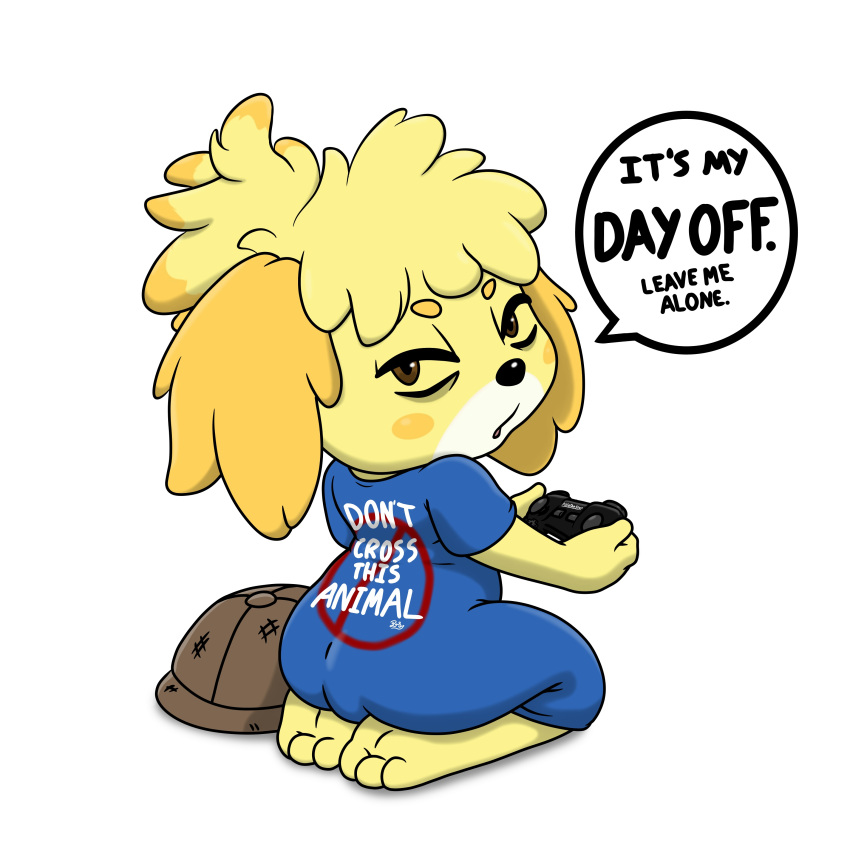 2019 absurd_res animal_crossing annoyed anthro barefoot blonde_hair canid canine clothing dialogue english_text feet female floppy_ears gaming hair hat headgear headwear hi_res isabelle_(animal_crossing) looking_at_viewer mammal nintendo pillothestar playing_videogame shirt signature simple_background sitting speech_bubble text text_on_clothing text_on_shirt text_on_topwear toes topwear video_games white_background