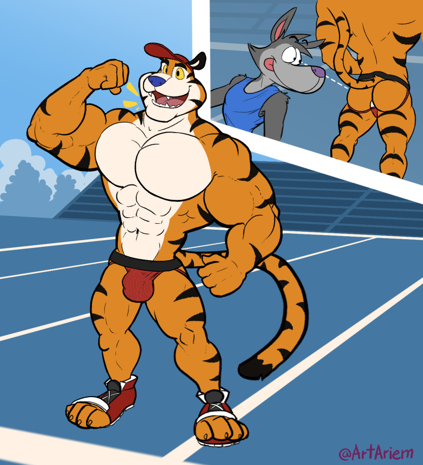 abs anthro artariem big_biceps big_muscles big_pecs bleachers blue_nose butt canid canine canis chip_the_wolf clothing cookie_crisp duo fangs felid flexing_bicep football_field footwear frosted_flakes furgonomics grey_body headgear headwear hi_res jockstrap kellogg's looking_at_butt male male/male mammal mascot muscular orange_body pantherine pecs red_clothing red_jockstrap red_underwear shirt shoes slim smile tank_top tiger tongue tongue_out tony_the_tiger topwear underwear white_chest wolf yellow_eyes