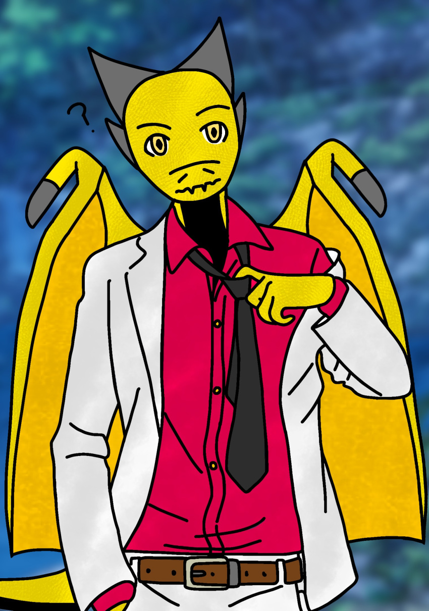 anthro artist_name:esomres belt clothing confusion dragon hi_res humanoid male pulling_tie solo suit