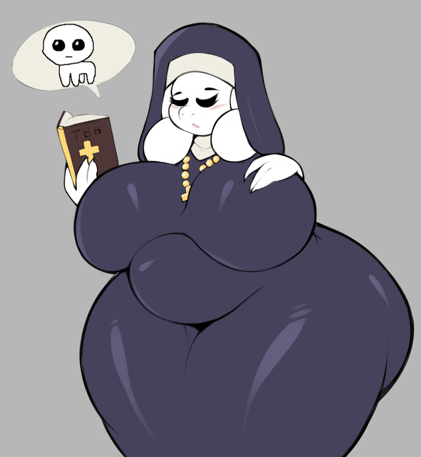 absurd_res ambiguous_gender anthro belly bible big_belly big_breasts blush book boss_monster bovid breasts caprine duo eyes_closed female floppy_ears goat hand_on_breast hi_res holding_book holding_object huge_breasts huge_thighs hyper hyper_hips hyper_thighs jewelry mammal necklace nun nun_outfit open_mouth overweight overweight_anthro overweight_female tbh_(character) thick_thighs toriel undertale undertale_(series) video_games virito white_body wide_hips